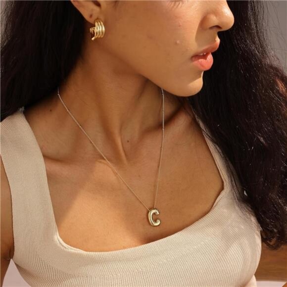 ✨ Bubble Gold Initial Necklace | 14K Gold Plated | Custom Balloon Letter Pendant - Picture 5 of 5